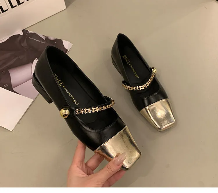 Stitched Shallow Mouth Mary Jane Shoes Thick Heel Square Toe Women's Shoes