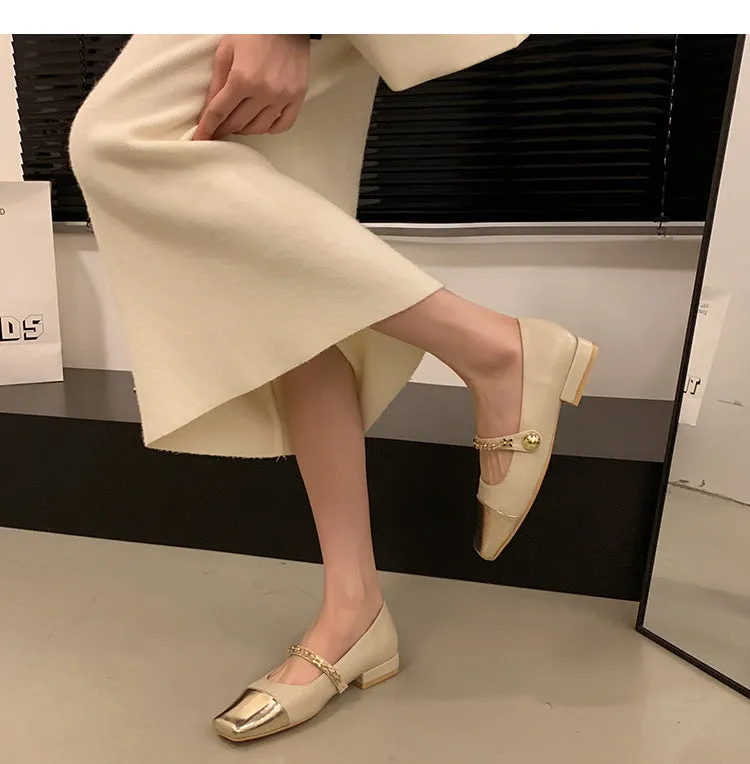 Stitched Shallow Mouth Mary Jane Shoes Thick Heel Square Toe Women's Shoes