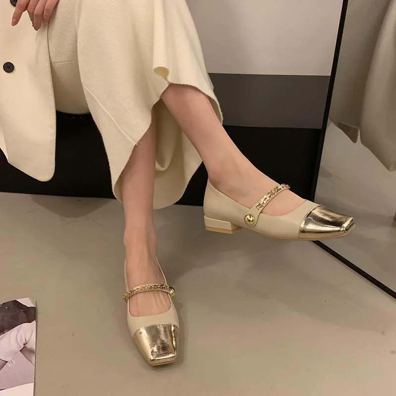 Stitched Shallow Mouth Mary Jane Shoes Thick Heel Square Toe Women's Shoes