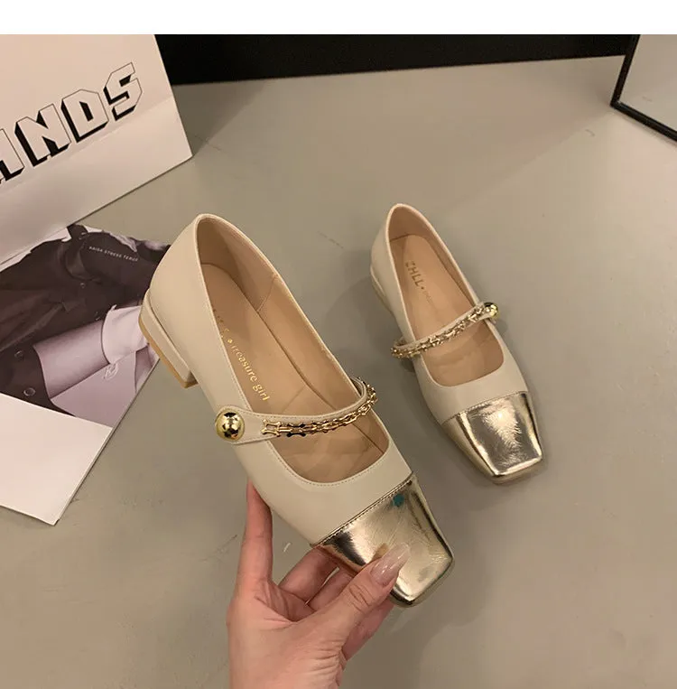 Stitched Shallow Mouth Mary Jane Shoes Thick Heel Square Toe Women's Shoes