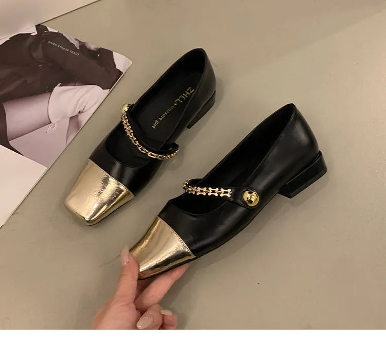 Stitched Shallow Mouth Mary Jane Shoes Thick Heel Square Toe Women's Shoes
