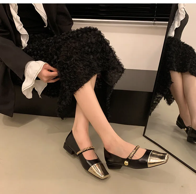 Stitched Shallow Mouth Mary Jane Shoes Thick Heel Square Toe Women's Shoes