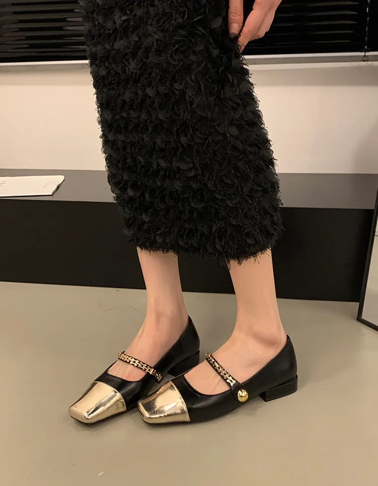 Stitched Shallow Mouth Mary Jane Shoes Thick Heel Square Toe Women's Shoes