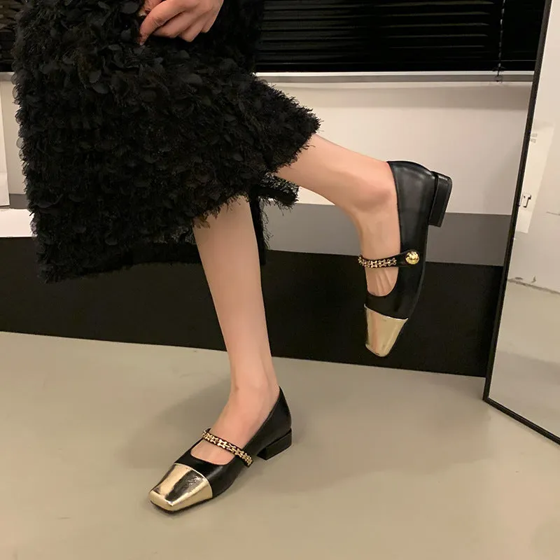 Stitched Shallow Mouth Mary Jane Shoes Thick Heel Square Toe Women's Shoes