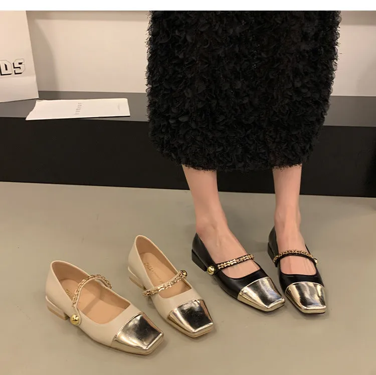 Stitched Shallow Mouth Mary Jane Shoes Thick Heel Square Toe Women's Shoes