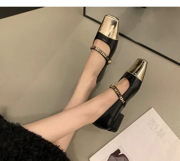 Stitched Shallow Mouth Mary Jane Shoes Thick Heel Square Toe Women's Shoes