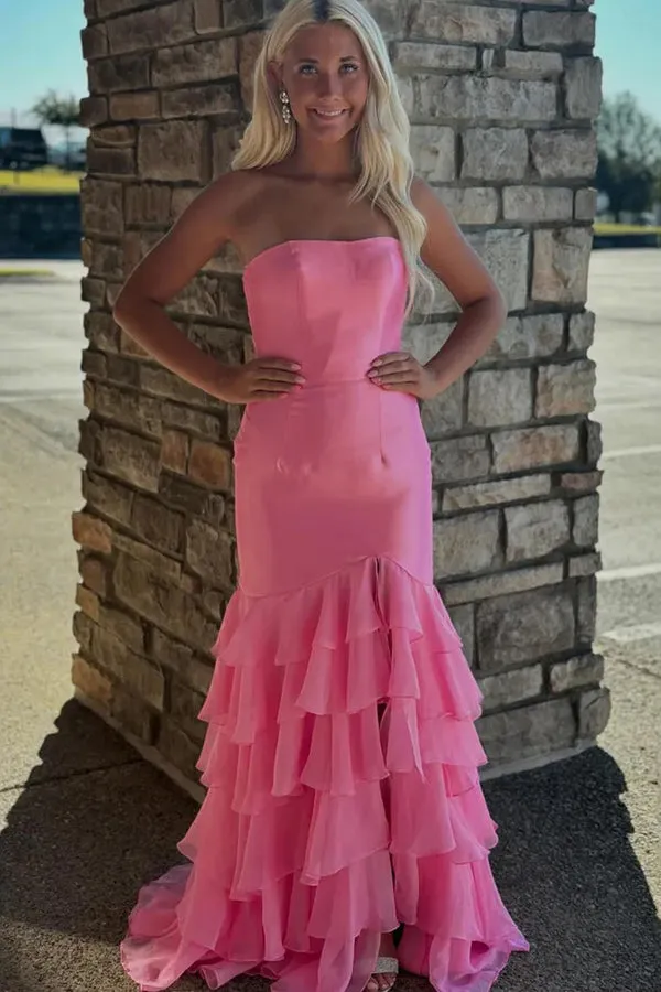 Strapless Ruffle Mermaid Light Blue Prom Dress With Split TP1334