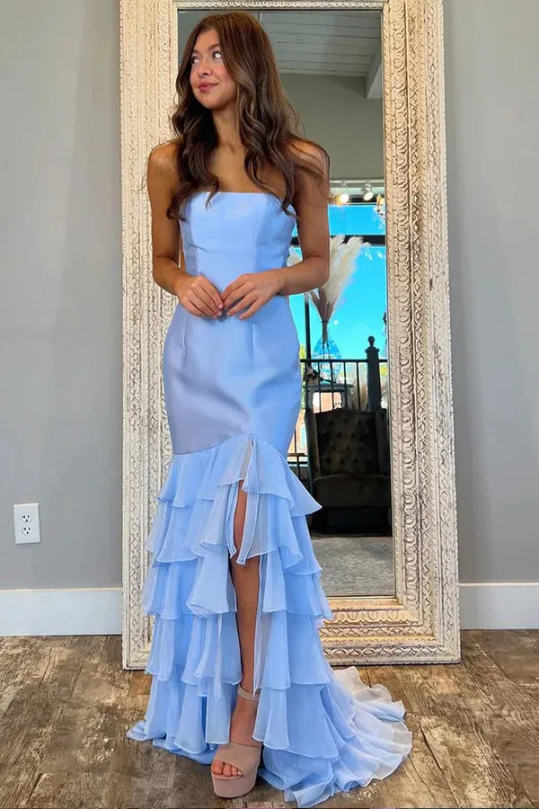 Strapless Ruffle Mermaid Light Blue Prom Dress With Split TP1334