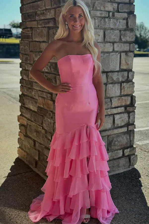 Strapless Ruffle Mermaid Light Blue Prom Dress With Split TP1334