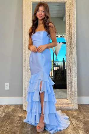 Strapless Ruffle Mermaid Light Blue Prom Dress With Split TP1334