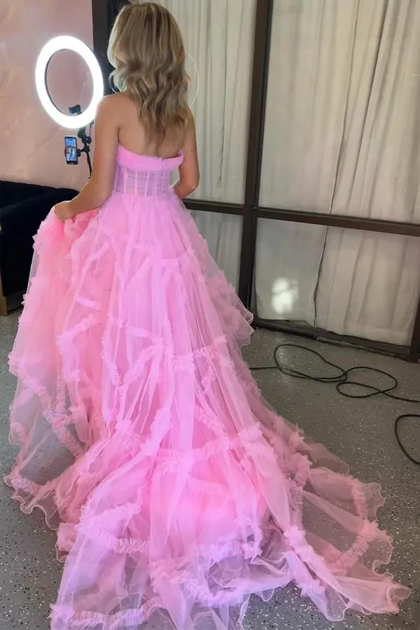 Strapless Ruffles A-Line Red Long Prom Dress with Puff Sleeves TP1360