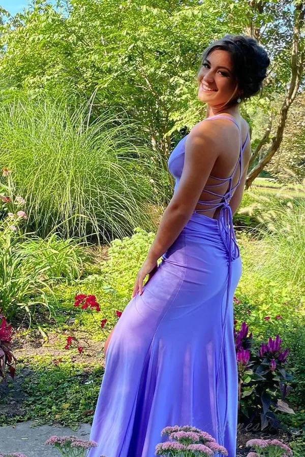 Straps Sheath Mermaid Lilac Long Prom Dress with Lace Up TP1356