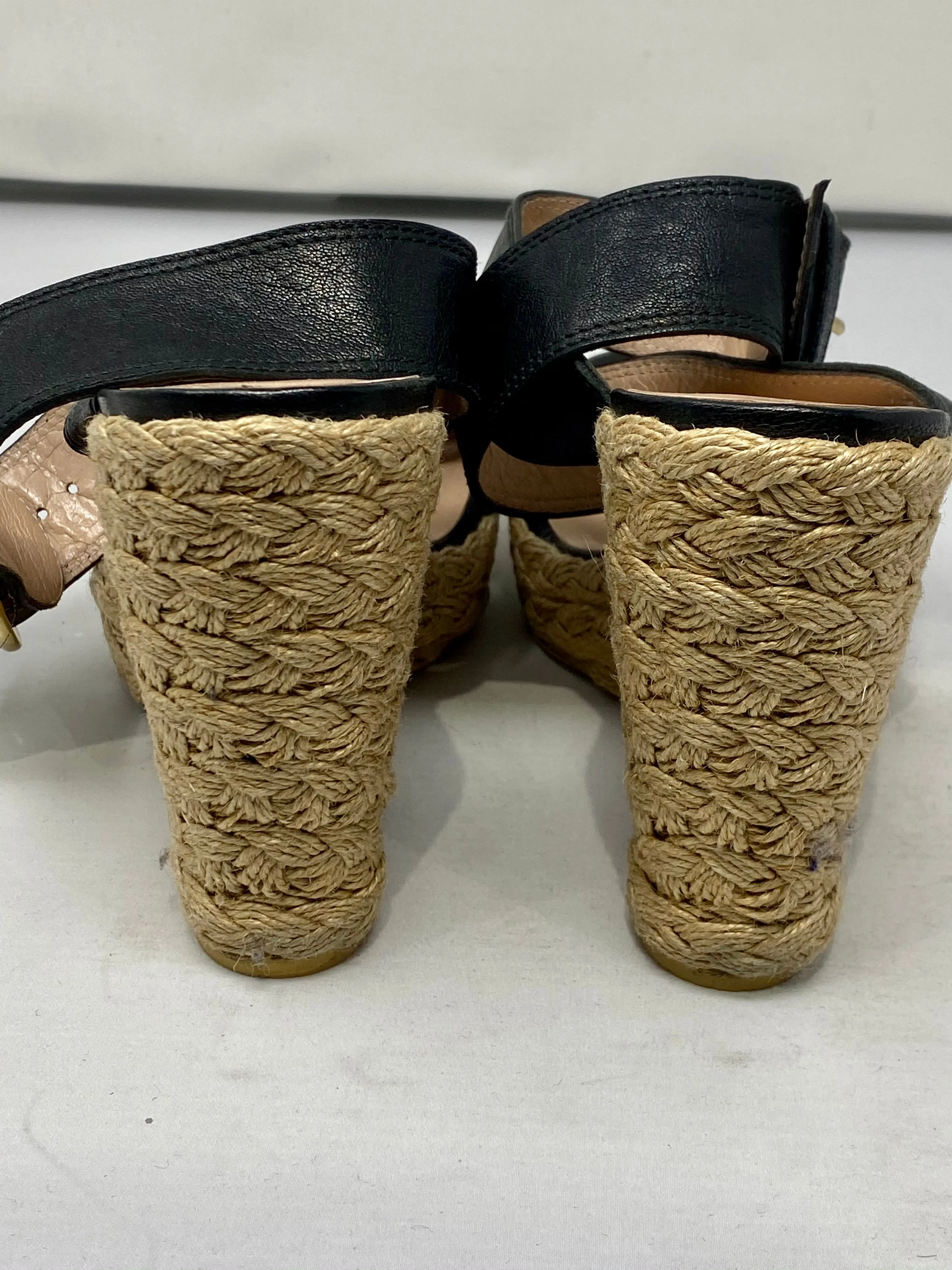 Stuart Weitzman Rope Wedge Sandal with Black Leather Strap