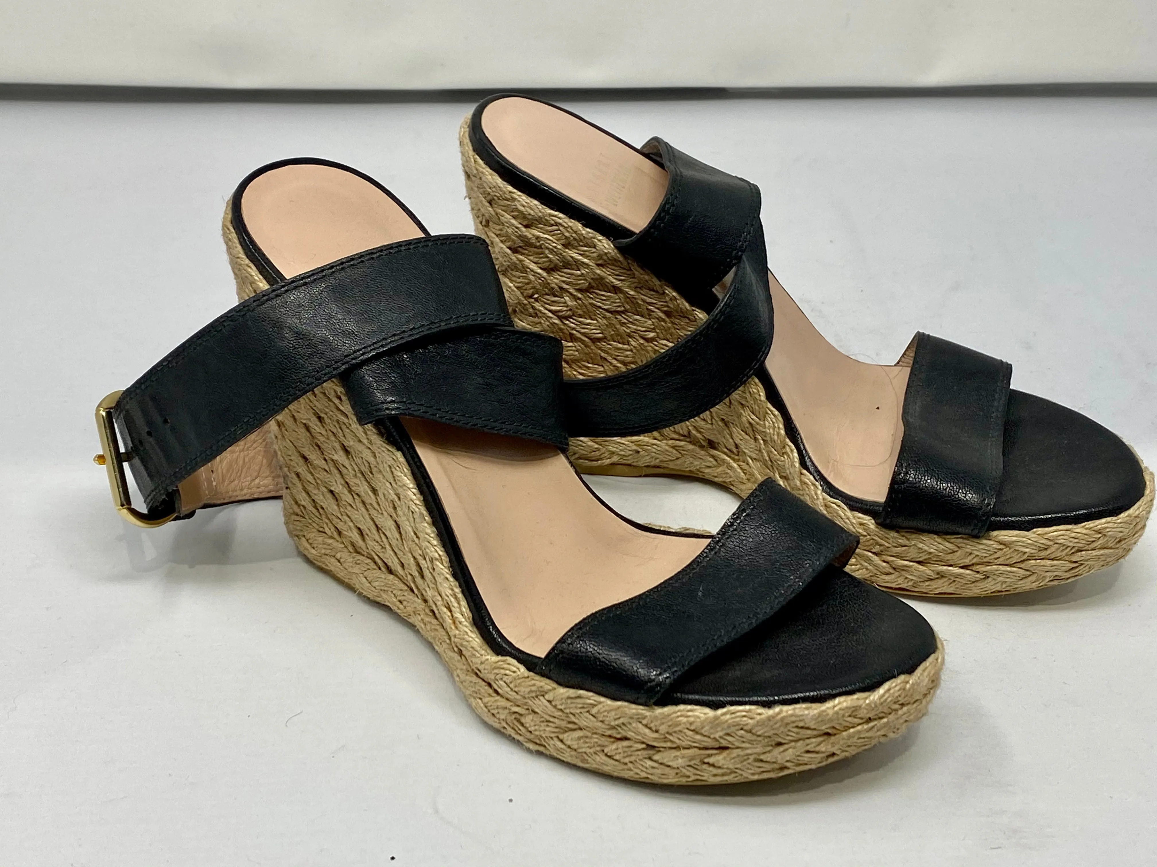 Stuart Weitzman Rope Wedge Sandal with Black Leather Strap