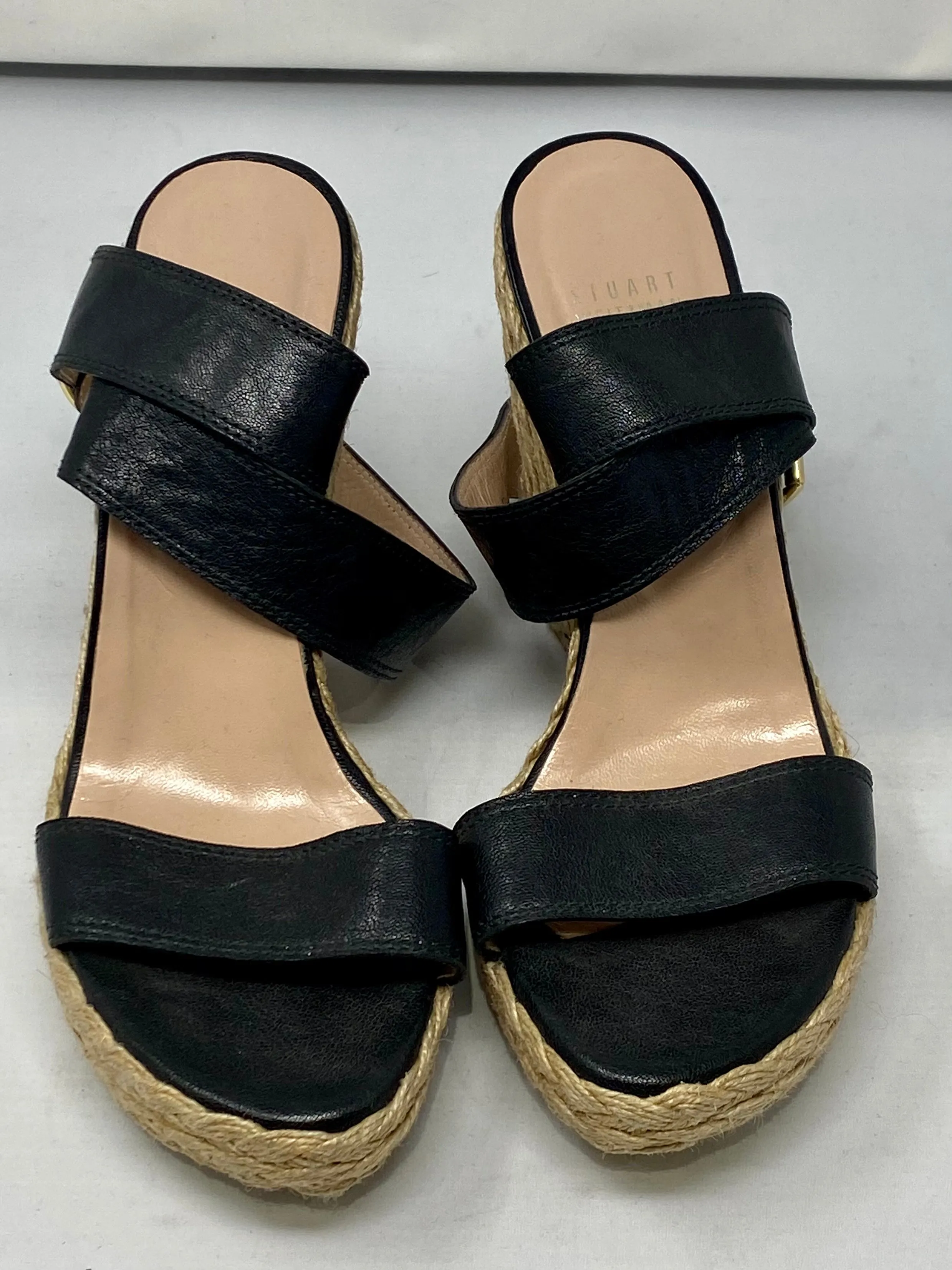 Stuart Weitzman Rope Wedge Sandal with Black Leather Strap