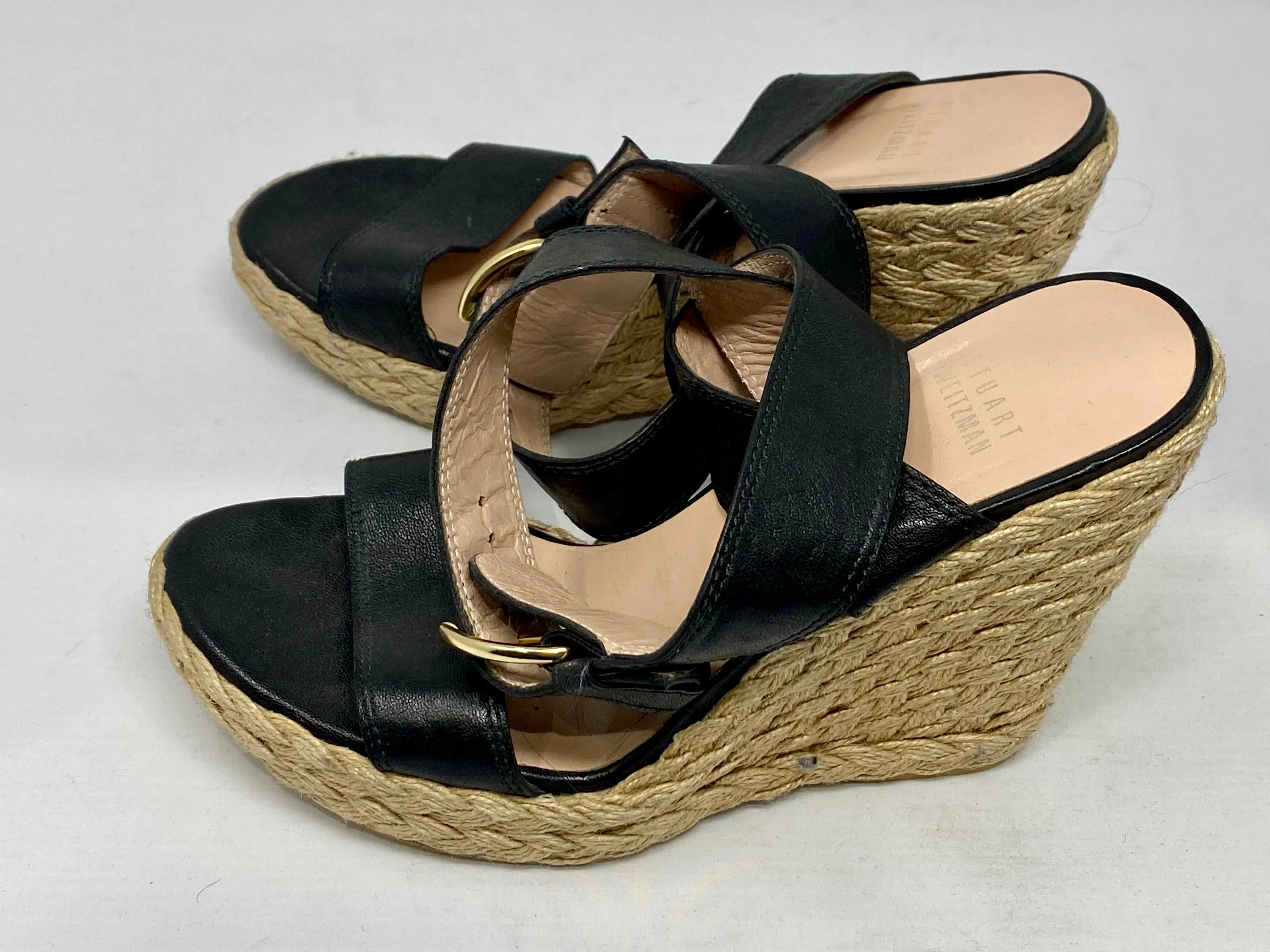 Stuart Weitzman Rope Wedge Sandal with Black Leather Strap