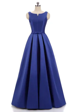 Stunning Royal Blue A Line Satin Floor Length Formal Prom Dress OKV47