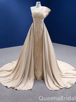 Stylish One Shoulder Shiny Champagne Mermaid Lace up Back Long Party Dress Prom Dresses ,WGP1780