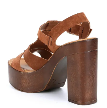Suede Wooden Stacked Heel T Strap Heel Platform Sandal