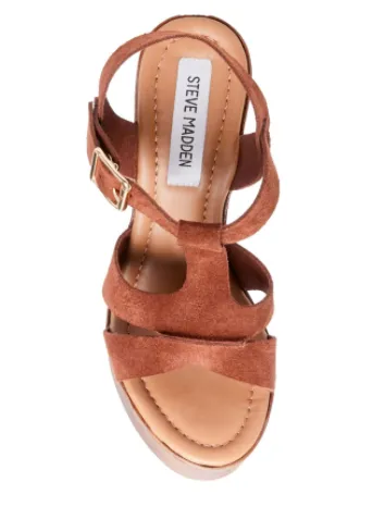 Suede Wooden Stacked Heel T Strap Heel Platform Sandal