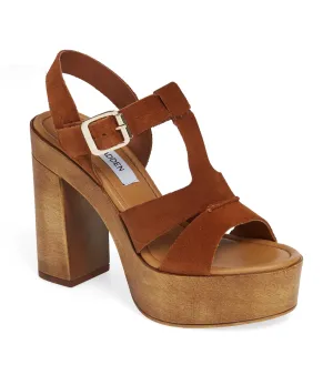 Suede Wooden Stacked Heel T Strap Heel Platform Sandal