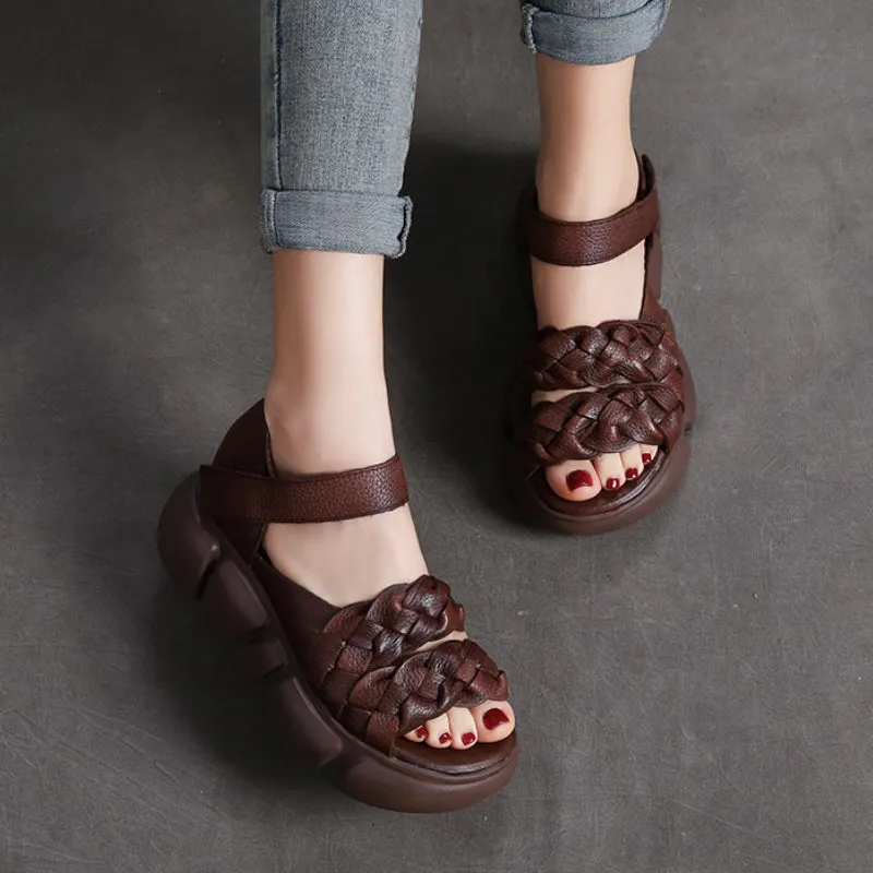Summer Leather Thick-soled Sandals Women's Velcro Outerwear Casual Shoes