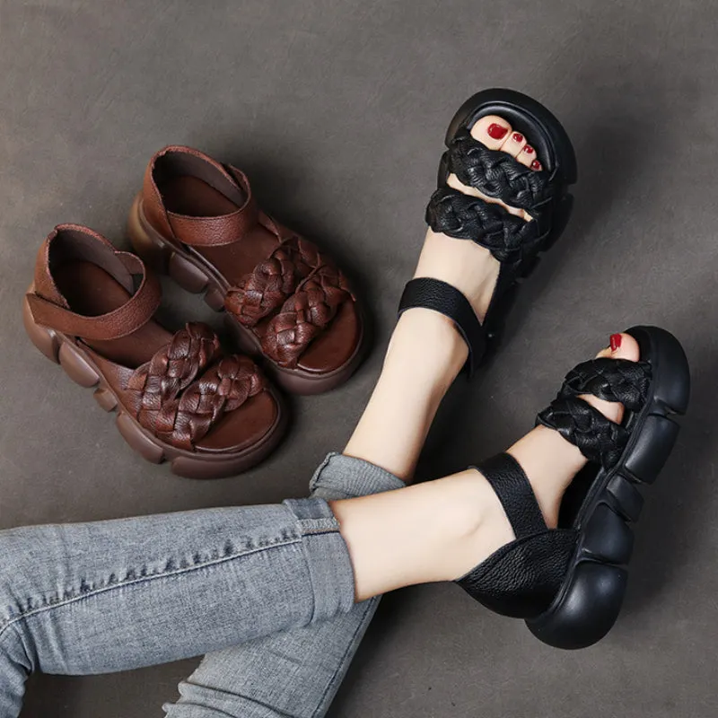 Summer Leather Thick-soled Sandals Women's Velcro Outerwear Casual Shoes
