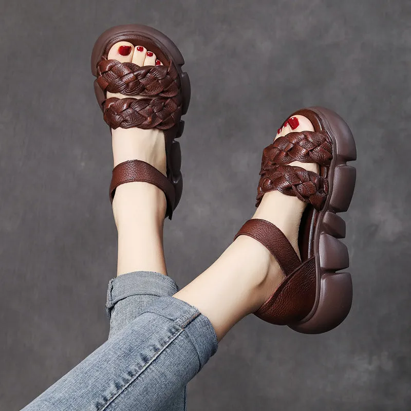 Summer Leather Thick-soled Sandals Women's Velcro Outerwear Casual Shoes