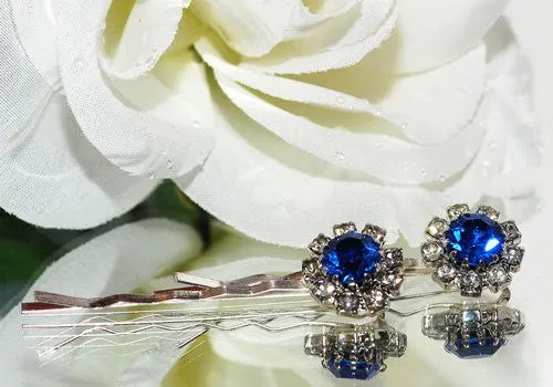 Swarovski Bobby Pins with Blue Crystal Stones - Pair