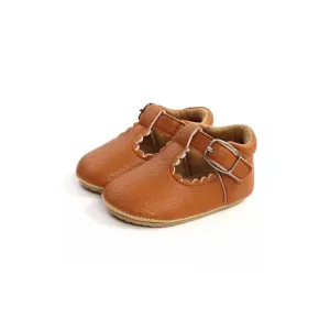 Tan leather look scalloped trim Mary Jane shoes with buckle (up to 18 months)