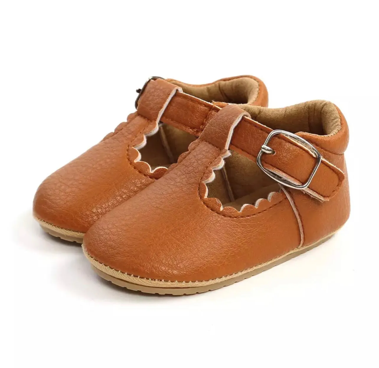 Tan leather look scalloped trim Mary Jane shoes with buckle (up to 18 months)