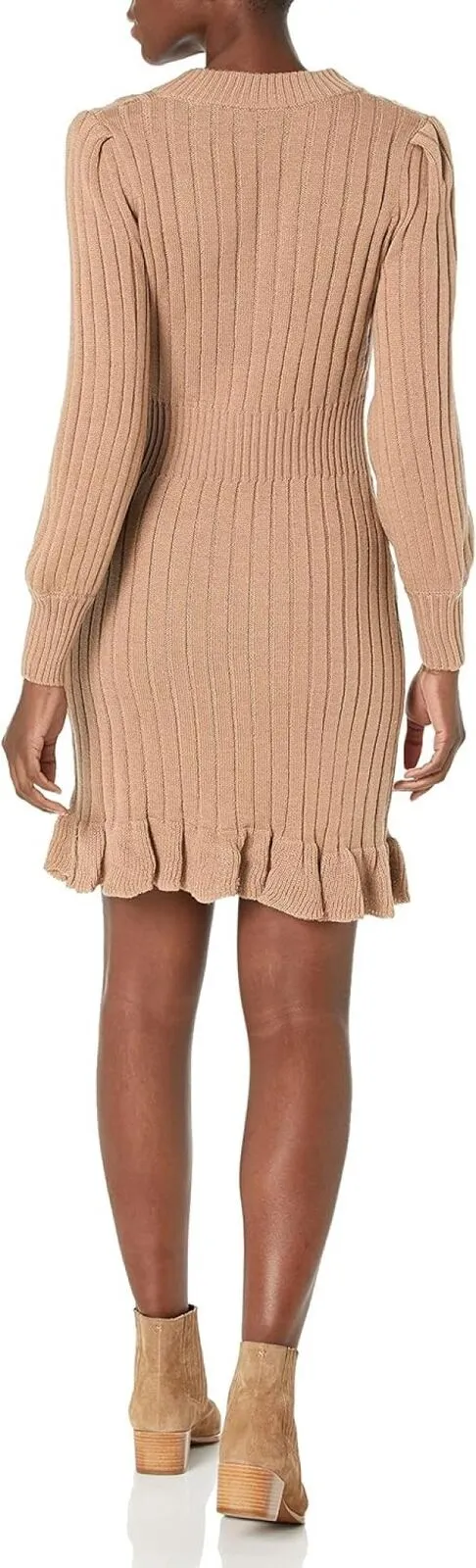 Taylor Dresses Taylor Solid Ribbed Ruffle Bottom Sweater Dress Barley Brown M