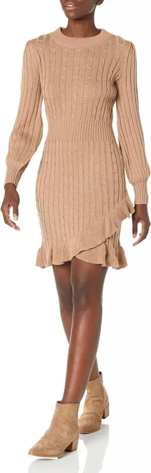 Taylor Dresses Taylor Solid Ribbed Ruffle Bottom Sweater Dress Barley Brown M