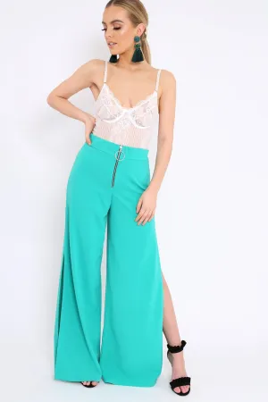 Teal Zip Front High Waisted Flare Trousers - Gerta