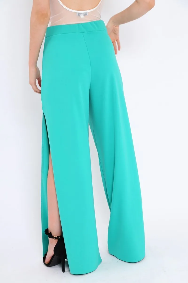 Teal Zip Front High Waisted Flare Trousers - Gerta