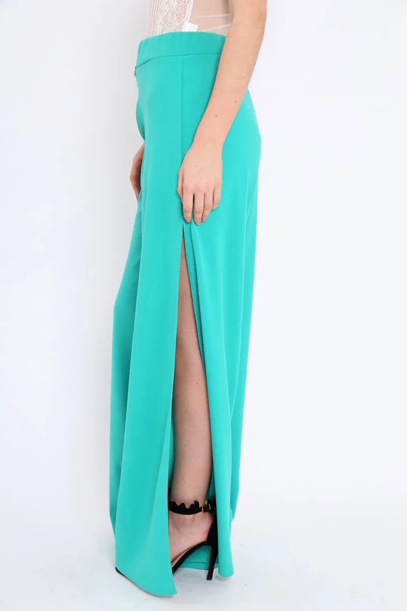 Teal Zip Front High Waisted Flare Trousers - Gerta