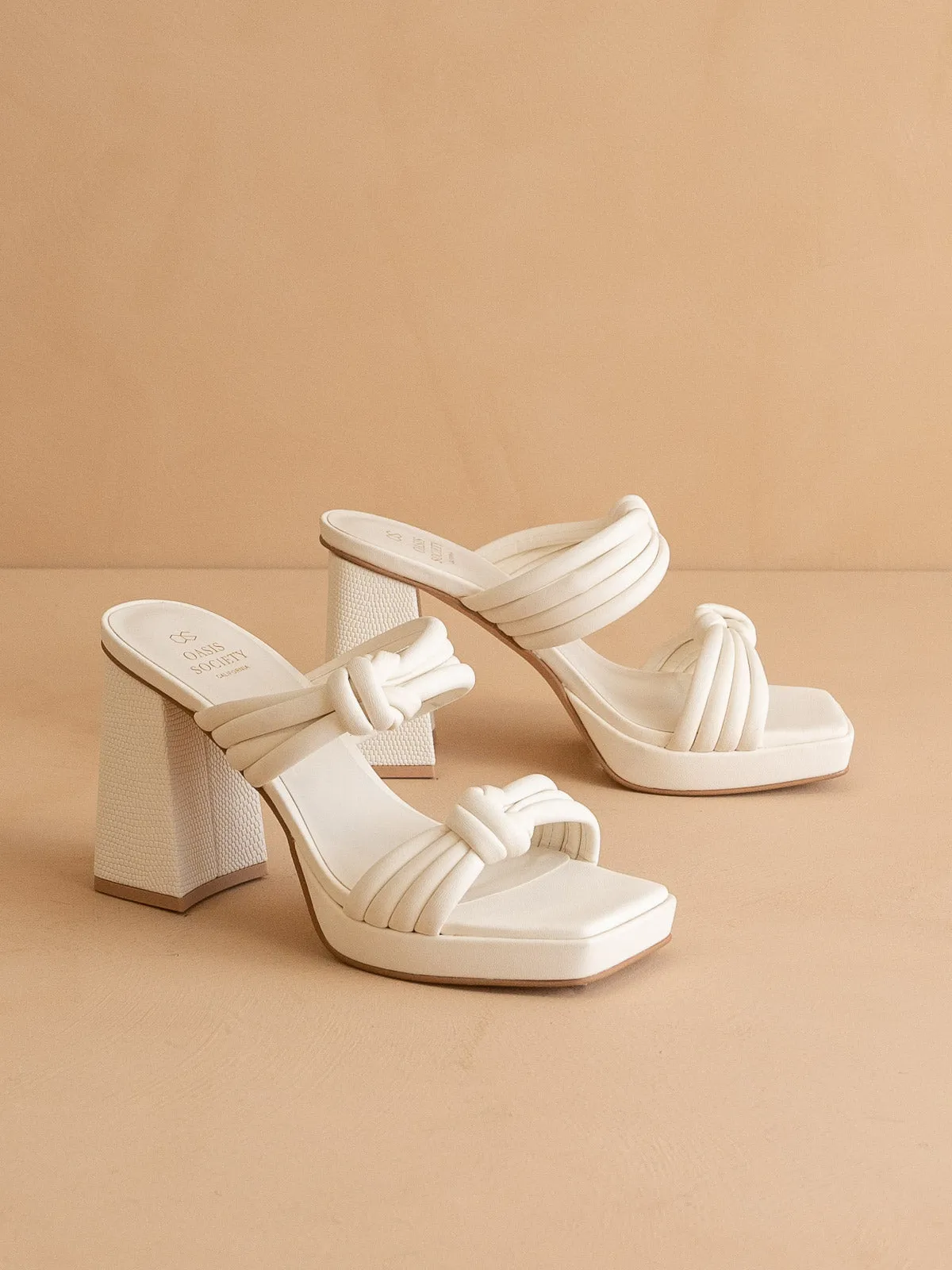 The Faith | White Knotted band platform snake-print heel
