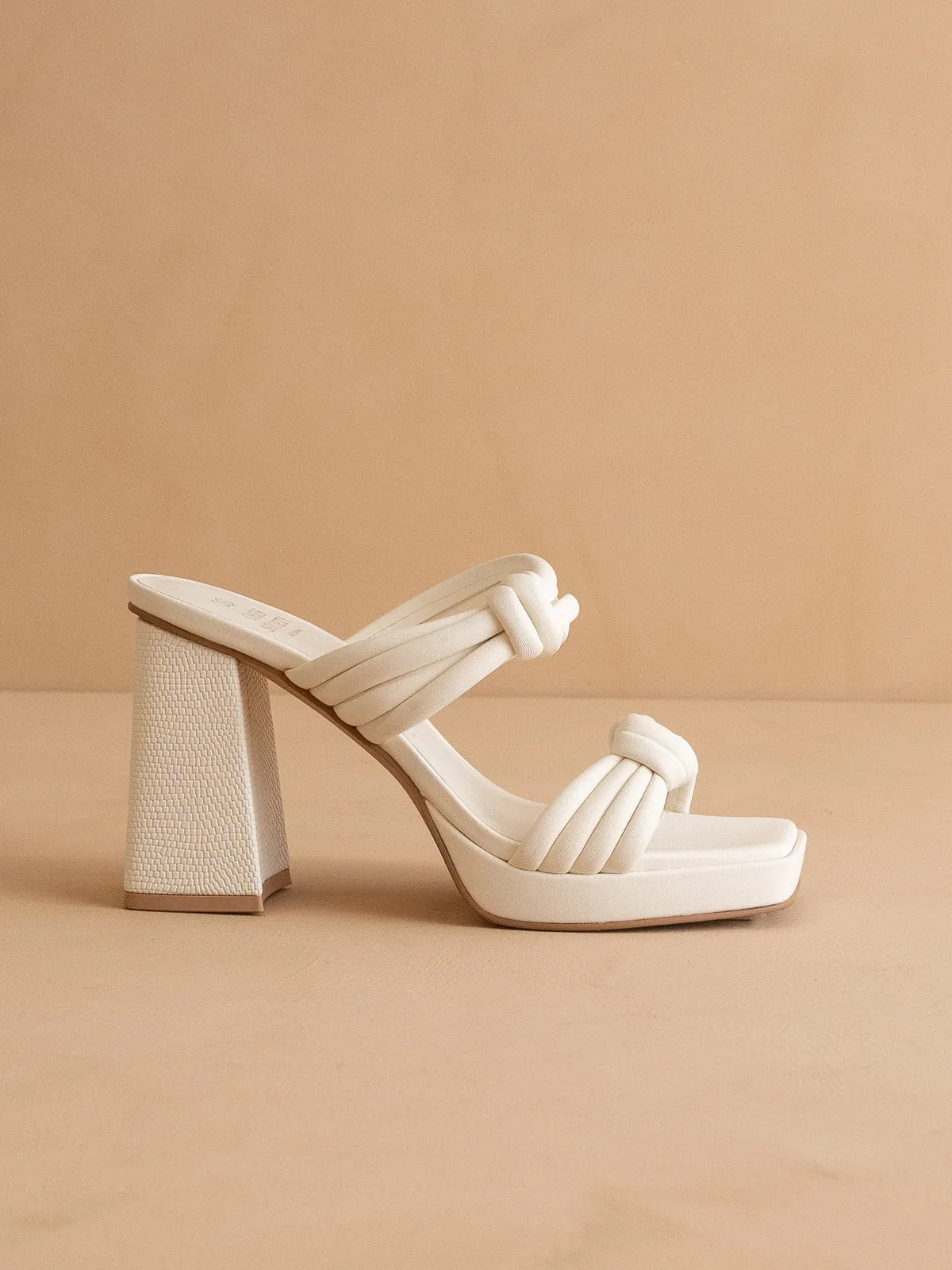 The Faith | White Knotted band platform snake-print heel