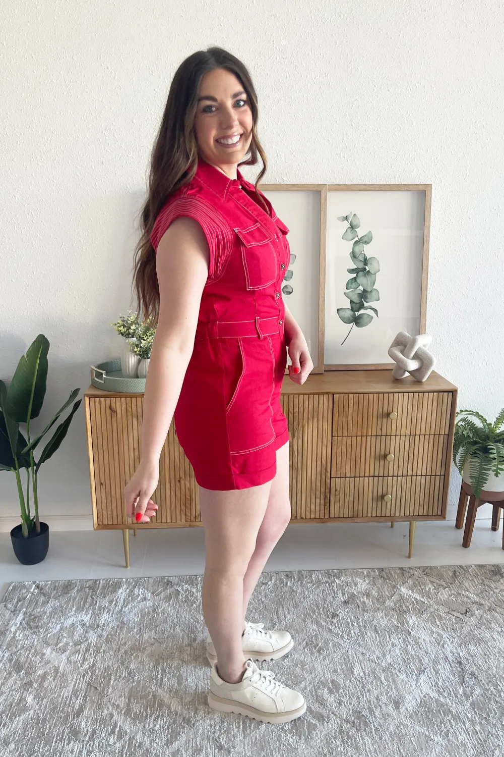 Top-stitch Panel Detail Linen Romper
