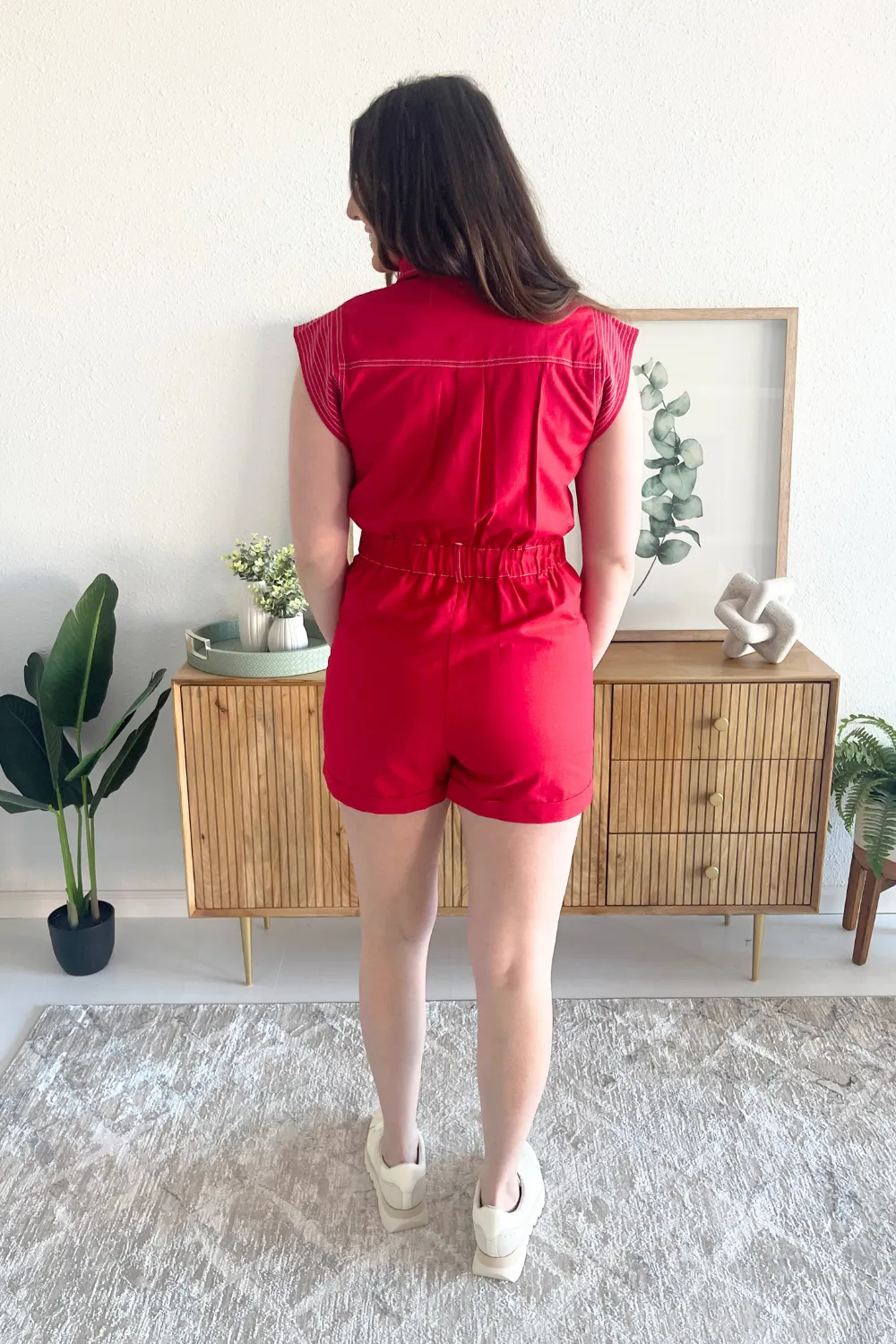 Top-stitch Panel Detail Linen Romper
