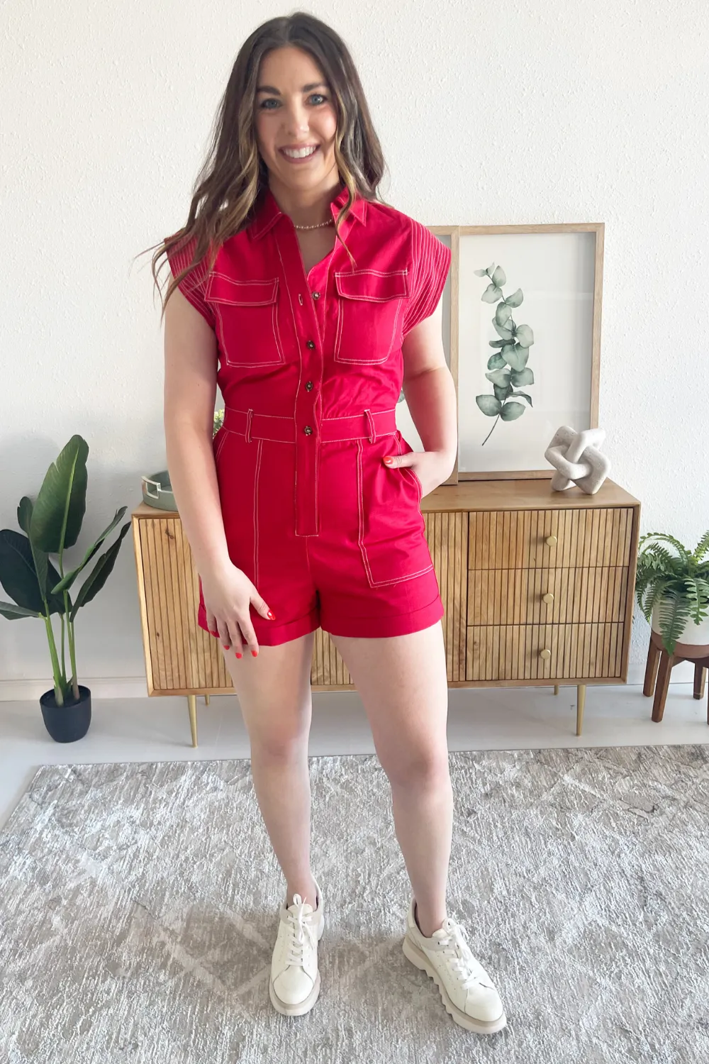 Top-stitch Panel Detail Linen Romper