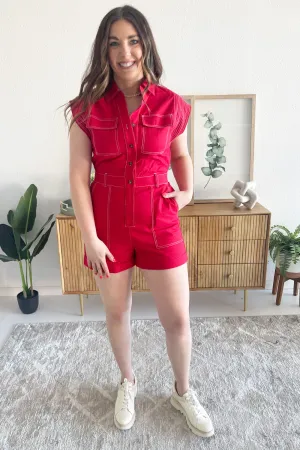 Top-stitch Panel Detail Linen Romper