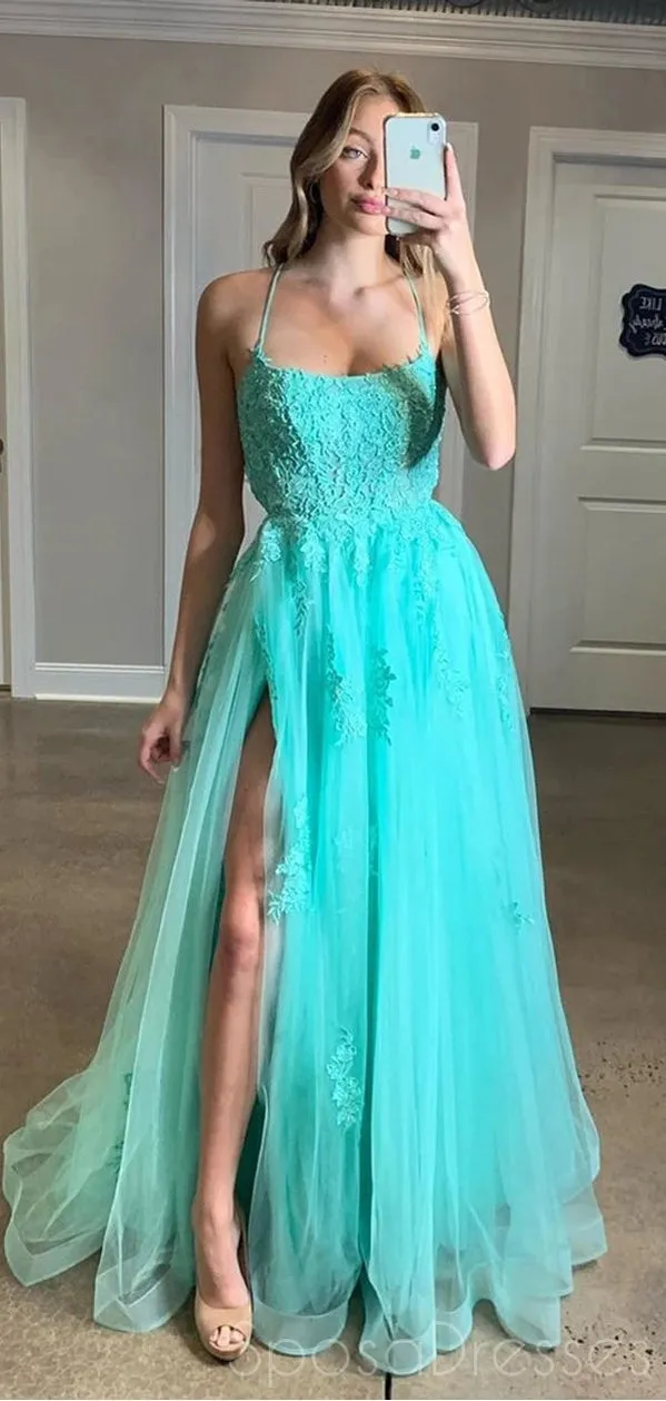 Tulle A-line Side Slit Halter Long Prom Dresses, Sweet 16 Prom Dresses, 12488