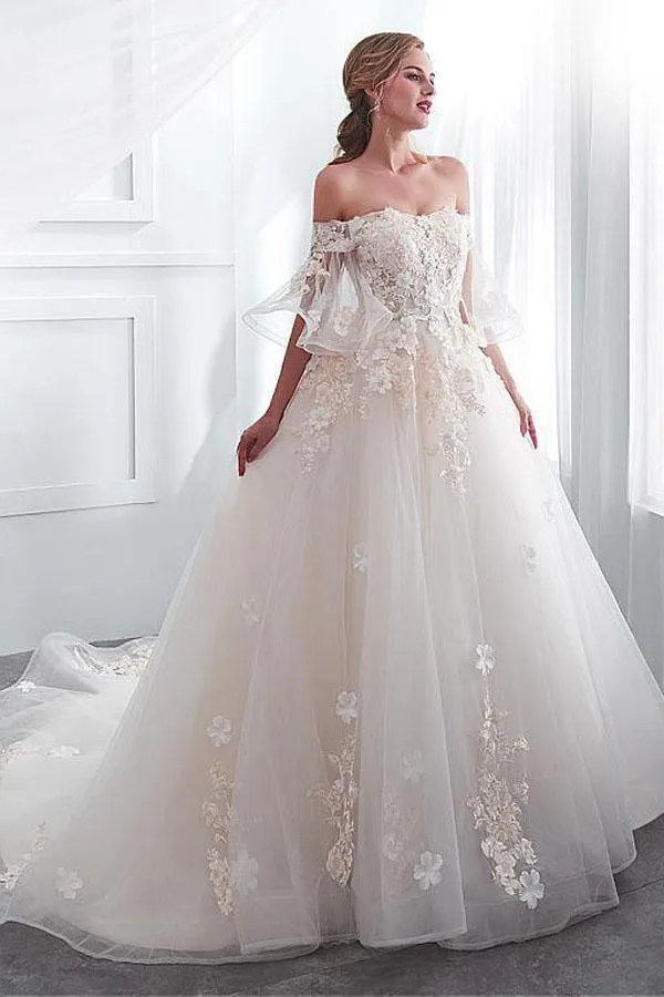 Tulle Off-the-shoulder Neckline A-line Wedding Dress With Lace Appliques WD300