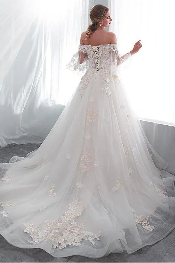 Tulle Off-the-shoulder Neckline A-line Wedding Dress With Lace Appliques WD300