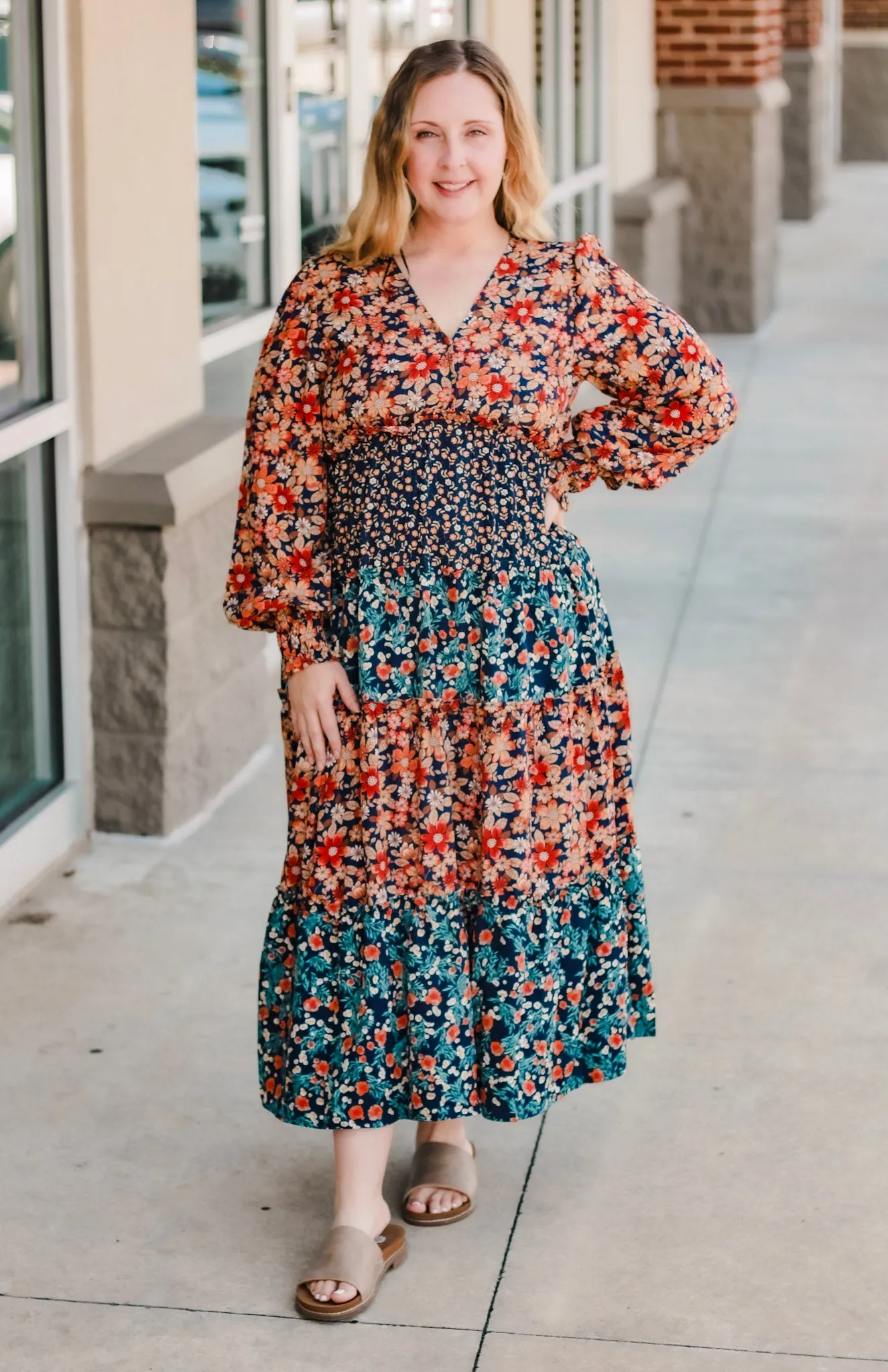 Turning Heads Fall Midi Dress in Navy Mix