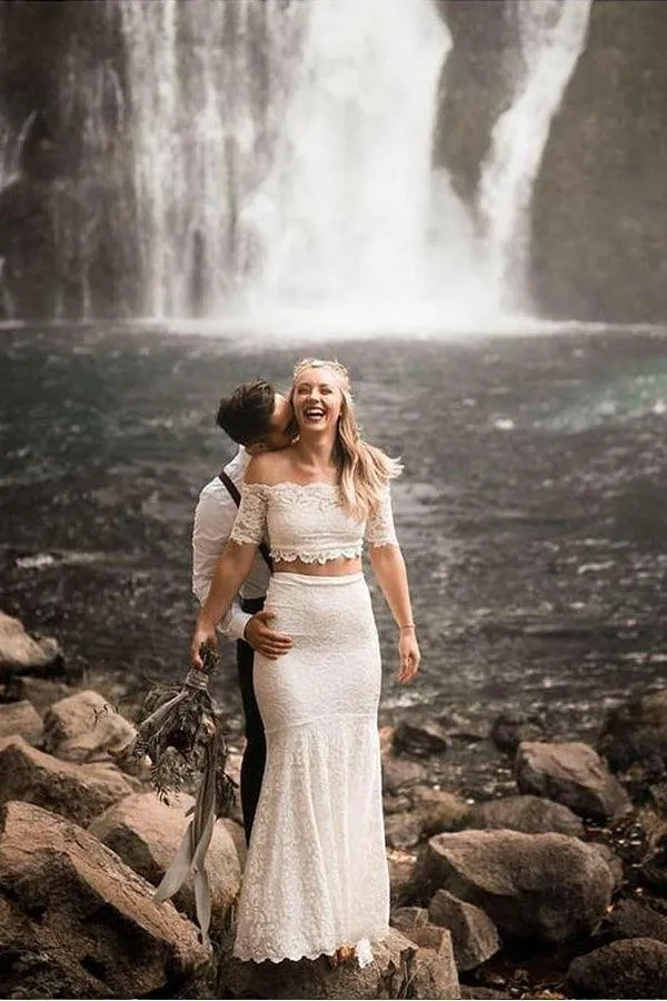 Two Pieces Lace Wedding Dresses Mermaid Half Sleeves Bridal Gowns TN268