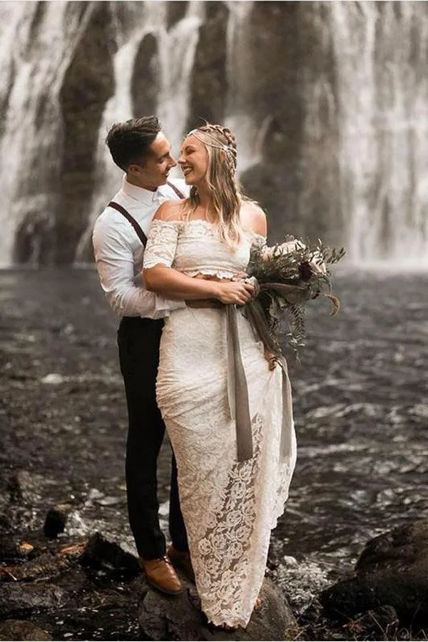 Two Pieces Lace Wedding Dresses Mermaid Half Sleeves Bridal Gowns TN268