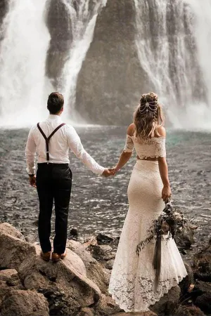 Two Pieces Lace Wedding Dresses Mermaid Half Sleeves Bridal Gowns TN268