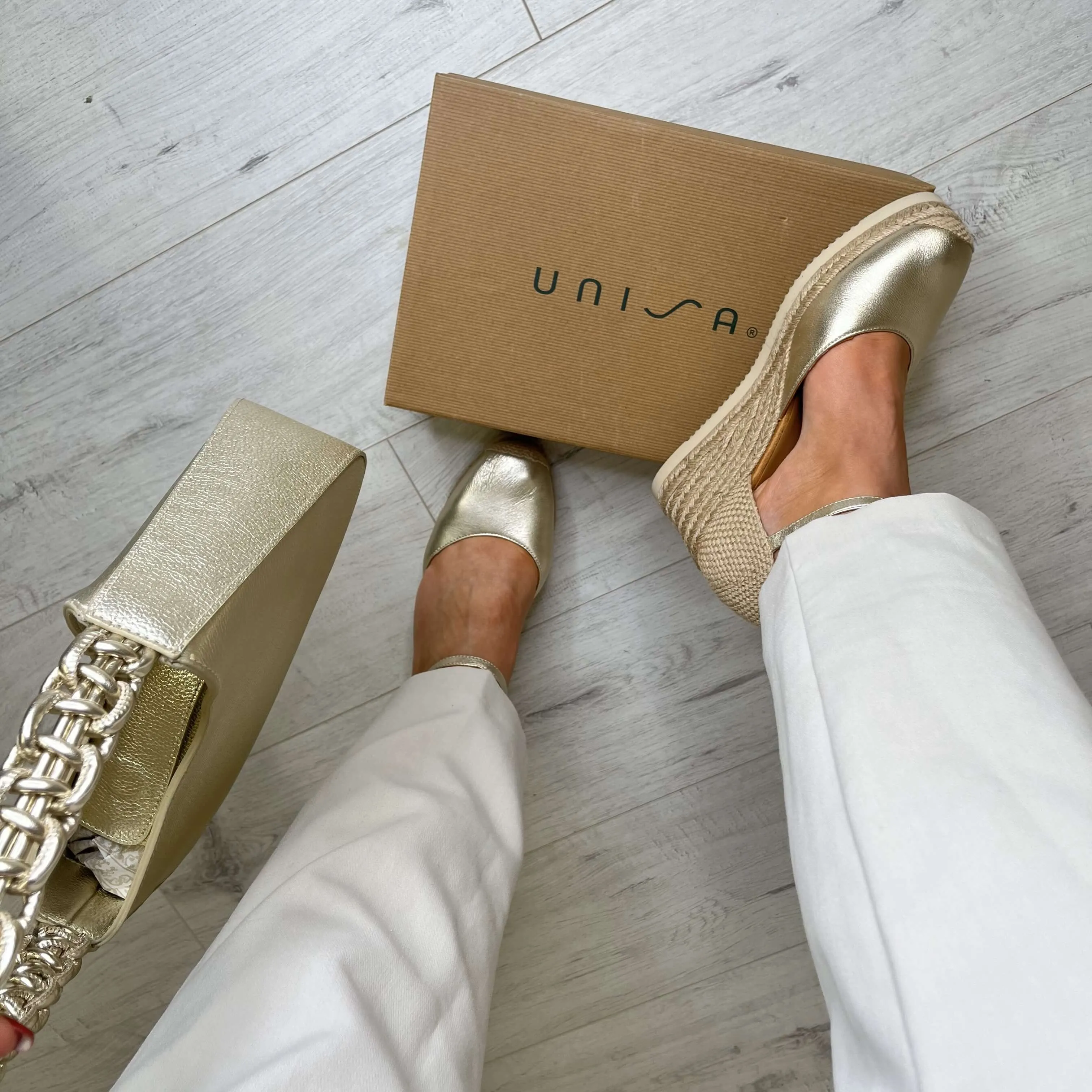 Unisa Caceres Gold Leather Wedge Shoes